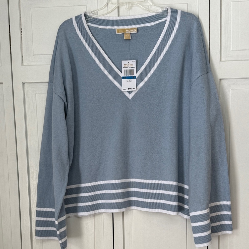 Michael Kors Coastal Grandmother V-Neck Sweater in Chambray Blue and White